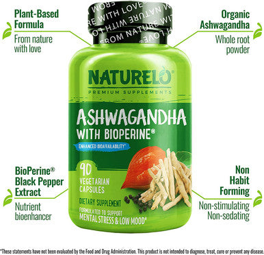 NATURELO Ashwagandha Organic Root Powder - Natural Herbs Supplement for Fatigue, Stress Relief, Mood Enhancer - with Black Pepper Extract - 90 Vegan Capsules