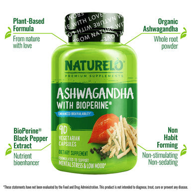 NATURELO Ashwagan Organic Root Powder - Herbs Supplement for Fatigue, Relief, Mood Enhancer - with Black Extract - 90 Vegan Capsules