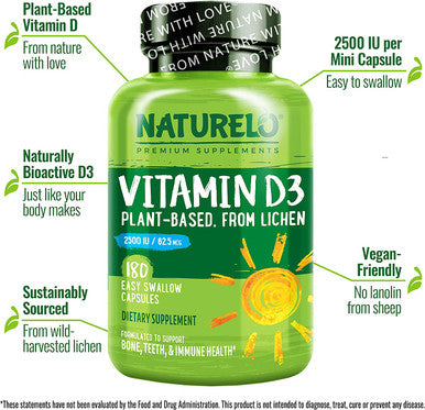 NATURELO Vitamin D - 2500 IU - Plant Based from Lichen - Natural D3 Supplement for Immune System, Bone Support, Joint Health - Vegan - Non-GMO - Gluten Free - 180 Mini Capsules