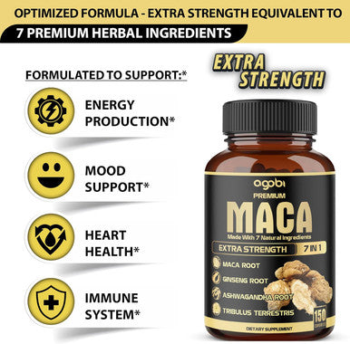 7In1 Premium Maca Root Capsules - With Ashwagandha, Ginseng, Tribulus, Shilajit, Shatavari & Black Pepper - Natural Energy, Performance & Mood Support - 150 Counts For 5 Months