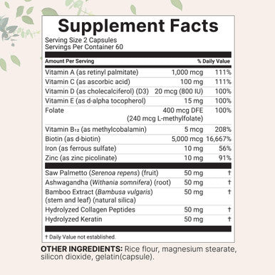 Micro Ingredients Hair Growth Vitamins For Women & Men 120 Capsules 14-In-1 Formula With Biotin Collagen Keratin Saw Palmetto & More Thicker Fuller Nourishes Thinning & Loss Hair Support