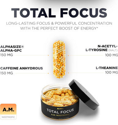 AMPM Nootropic Total Focus + Calm 9X Strength w. Caffeine, L-Theanine, Alpha GPC, L-Tyrosine, Ashwagandha - X-Release Energy Pills Nootropics Brain Support Supplements for Memory and Focus Supplement