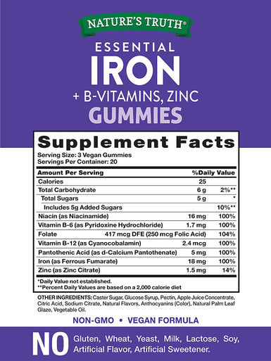 Iron Gummies | 60 Count | Vegan, Non-GMO & Gluten Supplement | with B Vitamins & Zinc | Grape Flavor | by Natures Truth