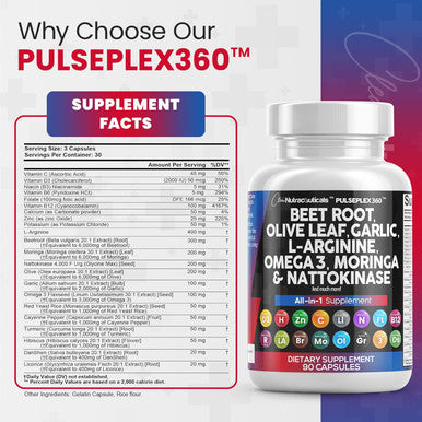 Clean Nutraceuticals Beet Root Capsules 6000Mg Olive Leaf 6000Mg Nattokinase 4000 Fu Garlic Extract 2000Mg L-Arginine 400Mg Omega 3 Red Yeast Rice Hibiscus Danshen - Healthy Support Supplement - 90 Ct