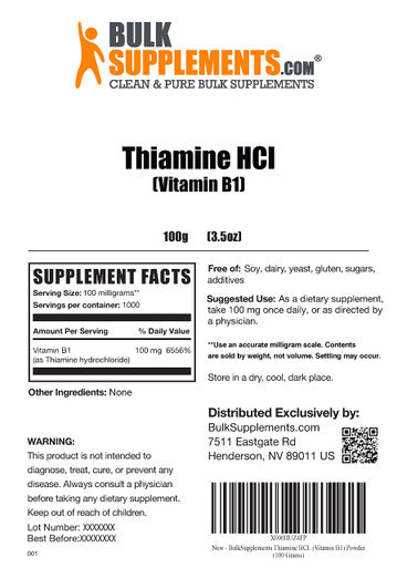 BulkSupplements Thiamine (Vitamin B1) Powder - Thiamine 100mg - Vitamin B Supplements - B1 Vitamins 100mg - VIT B1 (100 Grams - 3.5 oz)