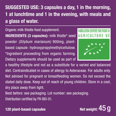 Laboratoires Nutrimea Organic Milk Thistle - Pure Seed Powder Excipient Free - Triple Action Liver Supplement: Detoxify Protect & Strengthen - 120 Vegan Capsules - High Strengh - French Expertise - Nutrimea