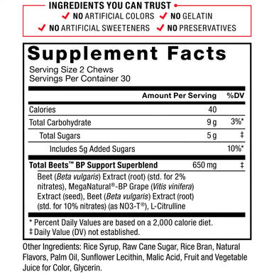 Total Beets Pressure Support Supplements with Beet Powder, Great-Tasting Beets Chewables for Heart-Healthy Energy, and Increased Nitric Oxide, Force Factor, 60 Chews