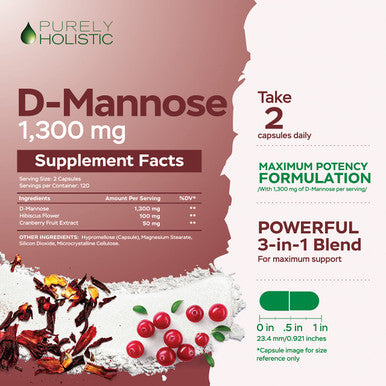 Purely Holistic D Mannose 1300Mg, 3-In-1 Formula D-Mannose Capsules With Cranberry & Hibiscus, 240 Fast Acting Vegan Capsules, Natural Urinary Tract & Bladder Health Support, High Strength, For Men & Women