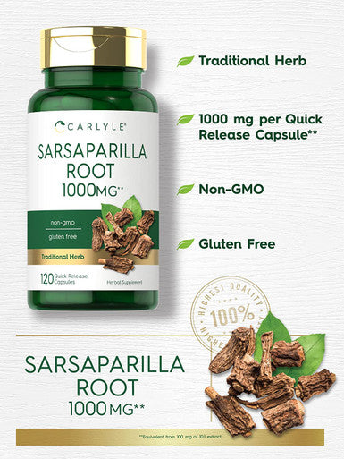 Carlyle Sarsaparilla Root Capsules 1000mg | 120 Count | Non-GMO, Gluten Free Supplement