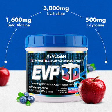 Evogen EVP 3D - Stim Free Pre Workout Powder for Men & Women | Sugar Free Non Stim Preworkout with Beta Alanine and Creatine for Energy & Pump | Blueberry Apple | 40 Servings