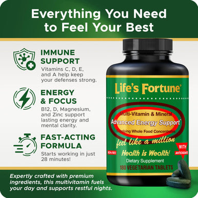 Life's Fortune Whole Food Multivitamin & Mineral Advanced Energy Support Supplement Daily Wellness for Men & Women Amino Acids 180 Vegetarian Tablets
