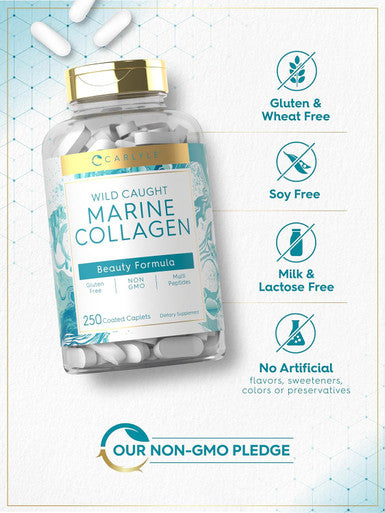Carlyle Marine Collagen Pills | 250 Caplets | Wild Caught Collagen Peptides | Non-GMO Gluten