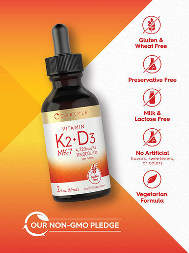 Carlyle Liquid Vitamin K2 MK-7 and D3 | 2 Fl Oz Drops | Vegetarian, Non-GMO, Gluten Free Supplement