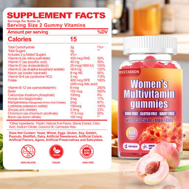 BSSTABBON Women'S Multivitamin Gummies Peach Flavor, Contains 6 Essential Vitamins (Vitamin A,B6,B12,C, D, E) And Multiple Mineral Values For Skin, Hair, Energy, Immune, Bone(60 Gummies) (60 Count)