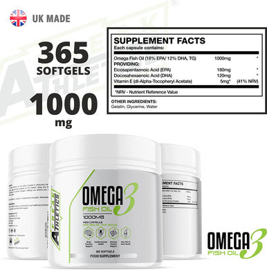Omega 3 Fish Oil 1000mg Double Strength EPA & DHA Softgel Capsules - 180 Capsules Suitable for Both Men & Women - Made in The UK