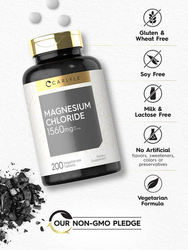 Magnesium Chloride | 1560mg | 200 Tablets | Cloruro de Magnesio Supplement | Vegetarian, Non-GMO, and Gluten Free Formula | by Carlyle