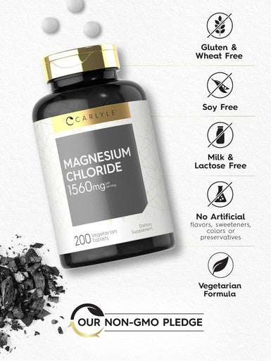 Carlyle - Magnesium Chloride | 1560mg | 200 Tablets | Cloruro de Magnesio Supplement | Vegetarian Non-GMO and Gluten Formula