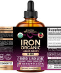 Nutraharmony Liquid Iron Supplement For Women 18 Mg - Usda Organic Drops Usa-Made - With Folate Vitamin B12 & B6 - Iron Level & Energy - Gentle & High Absorption Glycinate Form - Cherry Flavor Sugar-Free 4 Oz
