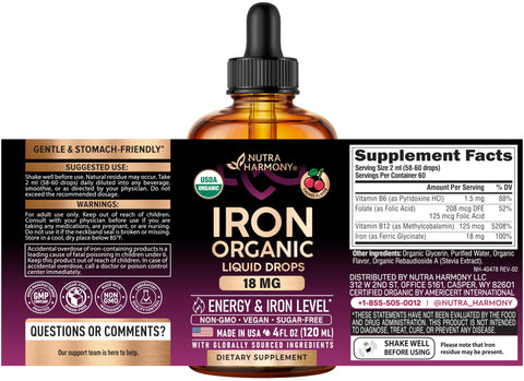 Nutraharmony Liquid Iron Supplement For Women 18 Mg - Usda Organic Drops Usa-Made - With Folate Vitamin B12 & B6 - Iron Level & Energy - Gentle & High Absorption Glycinate Form - Cherry Flavor Sugar-Free 4 Oz
