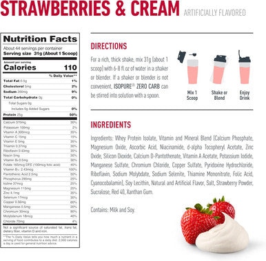 Isopure Zero Carb 100% Pure Whey Isolate Protein Powder Gluten Free With Vitamins Strawberries & Cream 25g Protein Per Serving, 3 Lbs 44 Servings