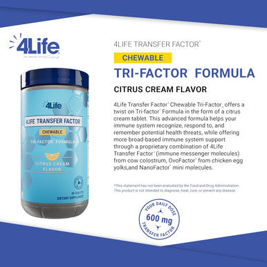 4Life Transfer Factor Chewable Tri-Factor Formula - Immune Support with Extracts of Cow Colostrum and Chicken Egg Yolk - Citrus Cream Flavor - 90 Chewable Tablets