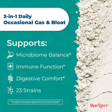 Maryruth Organics 3-in-1 Gas & Bloat Probiotics | Probiotics for Normal Digestive Function | Probiotics for Women & Men | Prebiotics & Postbiotics | 60 Billion CFU | Shelf Stable | 0.5 oz