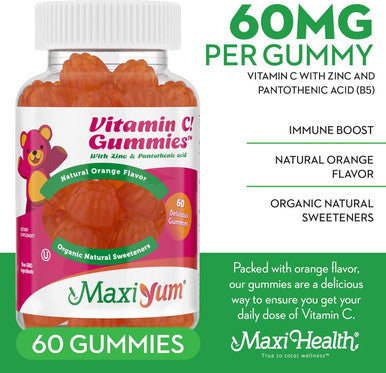 Maxi Health Vitamin C Gummies with Zinc - Vitamin C with Zinc for Children and Adults - Respiratory Support and Immune Booster - No Preservatives and Artificial Flavors - 60 Fruit Shaped Gummies