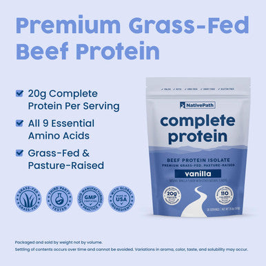 NativePath Complete Beef Protein Powder Isolate ÃƒÂ¢Ã¢â€šÂ¬Ã¢â‚¬Å“ Grass-Fed Pasture-Raised Dairy & Lactose Free Gluten Free Zero Sugar MCTs & Amino Acids ÃƒÂ¢Ã¢â€šÂ¬Ã¢â‚¬Å“ 20g Protein Vanilla Flavor 30 Servings