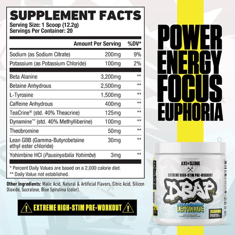 Axe & Sledge Dbap Extreme High Stim Pre-Workout Powder 400Mg Caffeine Beta Alanine Betaine Anhydrous Electrolytes & Focus High Stimulant Pre Workout Supplement 20 Servingssour Skyburst