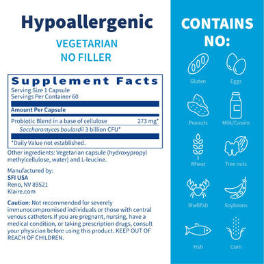 Klaire Labs Saccharomyces Boulardii - Probiotic Supplement to Help Support Healthy Yeast Balance, Immune & Digestive Health - Acid Resistant, Shelf-Stable, Hypoallergenic & Dairy- (60 Capsules)