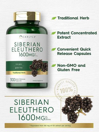 Carlyle Siberian Eleuthero | 1600mg | 300 Capsules | Non-GMO and Gluten Free Formula | Siberian Ginseng | Traditional Herbal Supplement