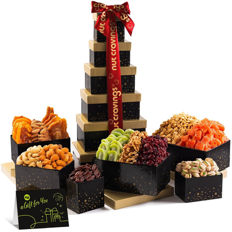 NUT CRAVINGS - Purim Mishloach Manot Dried Fruit & Mixed Nuts Gift Basket, Green Tower + Ribbon (12 Assortments) Ramadan Gifts Food Arrangement, Healthy Snack Care Package, Kosher