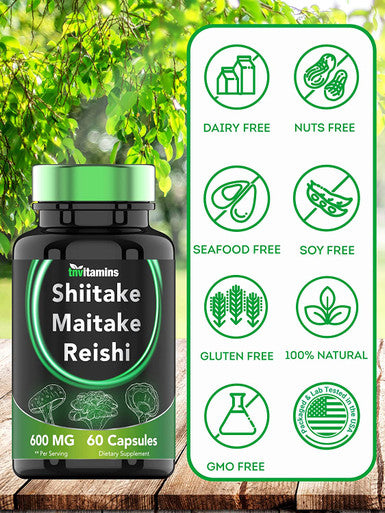 Reishi, Maitake, & Shiitake Mushroom Complex Supplement (60 Capsules x 600 MG) | Natural Beta Glucan Supplement | Powerful Mushroom Powder Extract | Non-GMO | Gluten, Nut, & Dairy-Free | by TNVitamins