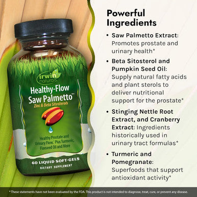 Irwin Naturals Healthy Flow Saw Palmetto With Zinc Beta Sitosterols Turmeric Stinging Nettle & Pumpkin Seed - Promotes Healthy Prostate & Urinary Flow - Antioxidant Support - 60 Liquid Softgels