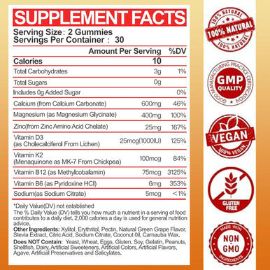 Calcium Magnesium Zinc Gummies With Vitamin D3 & K2 - High Absorption Magnesium Glycinate 400Mg - Sugar Calcium Supplement - Support Nerve Muscle Mood & Immunity - For Adults Men Women Kids