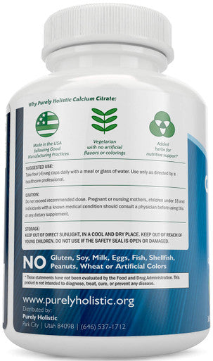 Purely Holistic Calcium Citrate 1000Mg - 365 Vegan Capsules Not Tablets With Added Parsley, Dandelion And Watercress - Without Vitamin D - Made In The Usa By