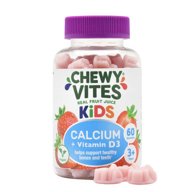 Chewy Vites Kids Calcium and Vitamin D3 60 Kids Calcium Gummies Help Support Healthy Bones and Teeth 2 Months Supply Real Fruit Juice Vegan Age 3 + Strawberry Flavour