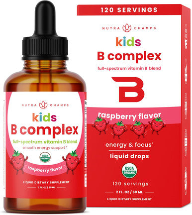 NutraChamps Vitamin B Complex for Kids B1, B2, B3, B6 B7 B9 & Methyl B12 Kids B Complex Liquid Drops Supplement Energy Focus Metabolism Natural Berry 120 Servings 4 Month Supply