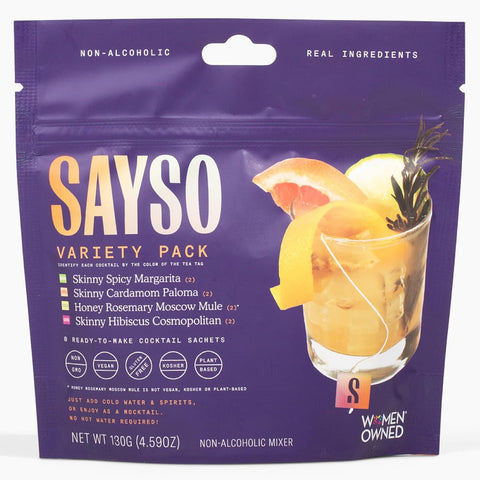 SAYSO Variety Pack | Skinny Mix: Spicy Margarita, Cardamom Paloma, Hibiscus Cosmopolitan & Honey Rosemary Moscow Mule - Craft Cocktail & Mocktail Mixers (Low-Calorie & Low Sugar), 8-Pack Assorted