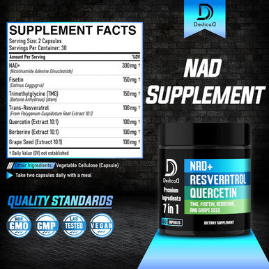 DEDICAD Nad+ Supplement 1000Mg - Pure Nad Supplement Combined To Resveratrol Quercetin Berberine Fisetin Tmg And Grape Seed Energy And Dna Repair Aging Defense Brain Function - 60 Capsules