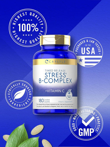 Carlyle Stress B-Complex Vitamin 180 Vegetarian Caplets With Vitamin C Non-Gmo & Gluten Supplement