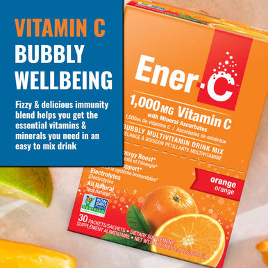 Ener-C Orange Multivitamin Drink Mix Powder Vitamin C 1000Mg & Electrolytes With Real Fruit Juice Natural Energy & Immune Support For Women & Men - Non-Gmo Vegan & Gluten - 60 Count
