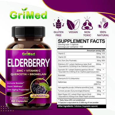 Grimed Elderberry 21,900Mg - X15 Power With Zinc, Vitamin C, Quercetin, Bromelain - Immune Booster, Anti-Aging Properties - Made In Usa (150 Count (Pack Of 1))