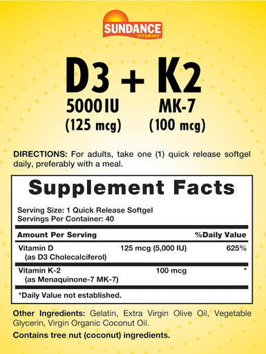 Sundance Vitamin D3 K2 40 Quick Release Softgels 5000 Iu Non-Gmo And Gluten Supplement