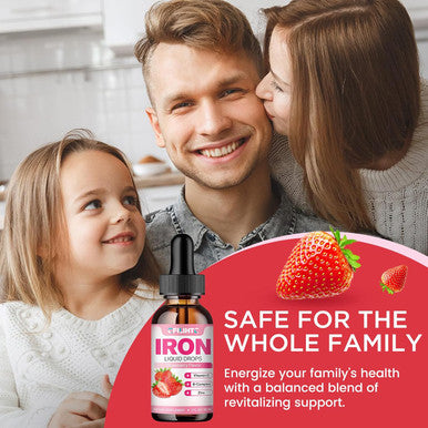 Liquid Iron Supplement For Women Men & Kids Multivitamin Iron Drops With Folate, Vitamin C, B6, B12, Zinc For Anemia, Iron Deficiency, Blood Builder, Energy - Natural Strawberry Flavor, Vegan 4 Fl Oz