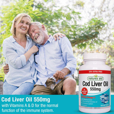 Natures Aid Cod Liver Oil 550 mg 120 Softgel Capsules (Providing 120 mg Omega-3 with Vitamins A and D For The Normal Function of the Immune System Purity Guaranteed Made in the UK)