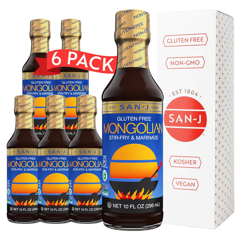 San-J - Spice of Life Variety Pack- Teriyaki, Orange Sauce, Szechuan, Thai Peanut - All Gluten Free Cooking Sauces - Non-GMO - 10 oz. Bottles - 4 Pack