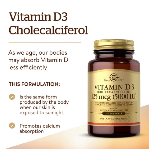 Solgar Vitamin D3 (Cholecalciferol) 125 Mcg (5000 Iu) 100 Softgels - Helps Maintain Healthy Bones & Teeth - Immune System Support - Non-Gmo Gluten Free Dairy Free 100 Servings