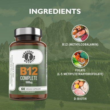 Barefoot Nutrition - B12 Complete High Strength Supplement Methylated B 12 (1000Ãƒâ€šÃ‚Âµg) - with Cofactors Methyl folate (400Ãƒâ€šÃ‚Âµg) & D-Biotin (400Ãƒâ€šÃ‚Âµg) - 60 x 1 A Day Vegan-Friendly Capsules