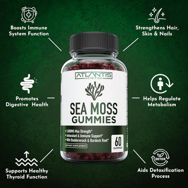 Irish Sea Moss Gummies - 3000Mg - Formulated W/ Irish Sea Moss, Bladderwrack & Burdock Root, Contain Essential Vitamin & Mineral - Antioxidant-Rich Superfood Supplement, 60 Sea Moss Gummies For Adults